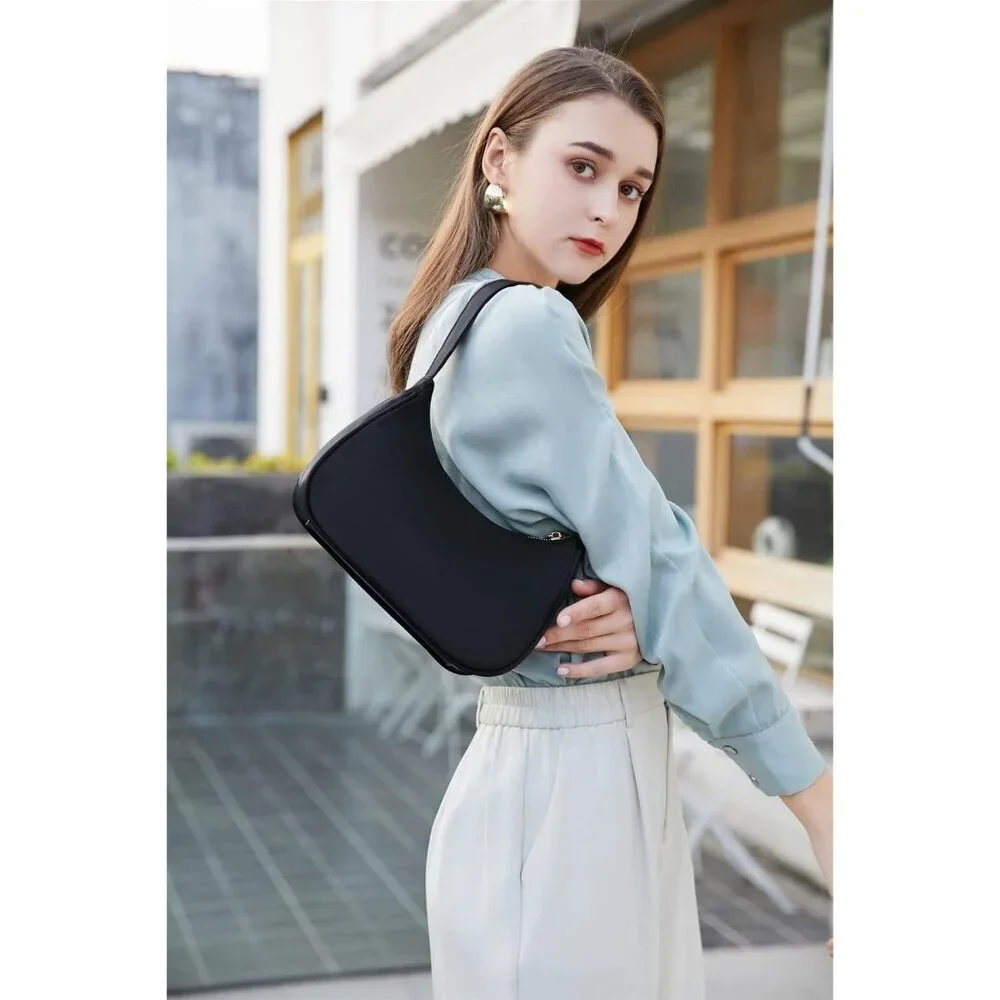 Women’s Nylon Black Cute Hobo Tote Handbag Mini Clutch Purse with Zipper Closure - Picture 3 of 4